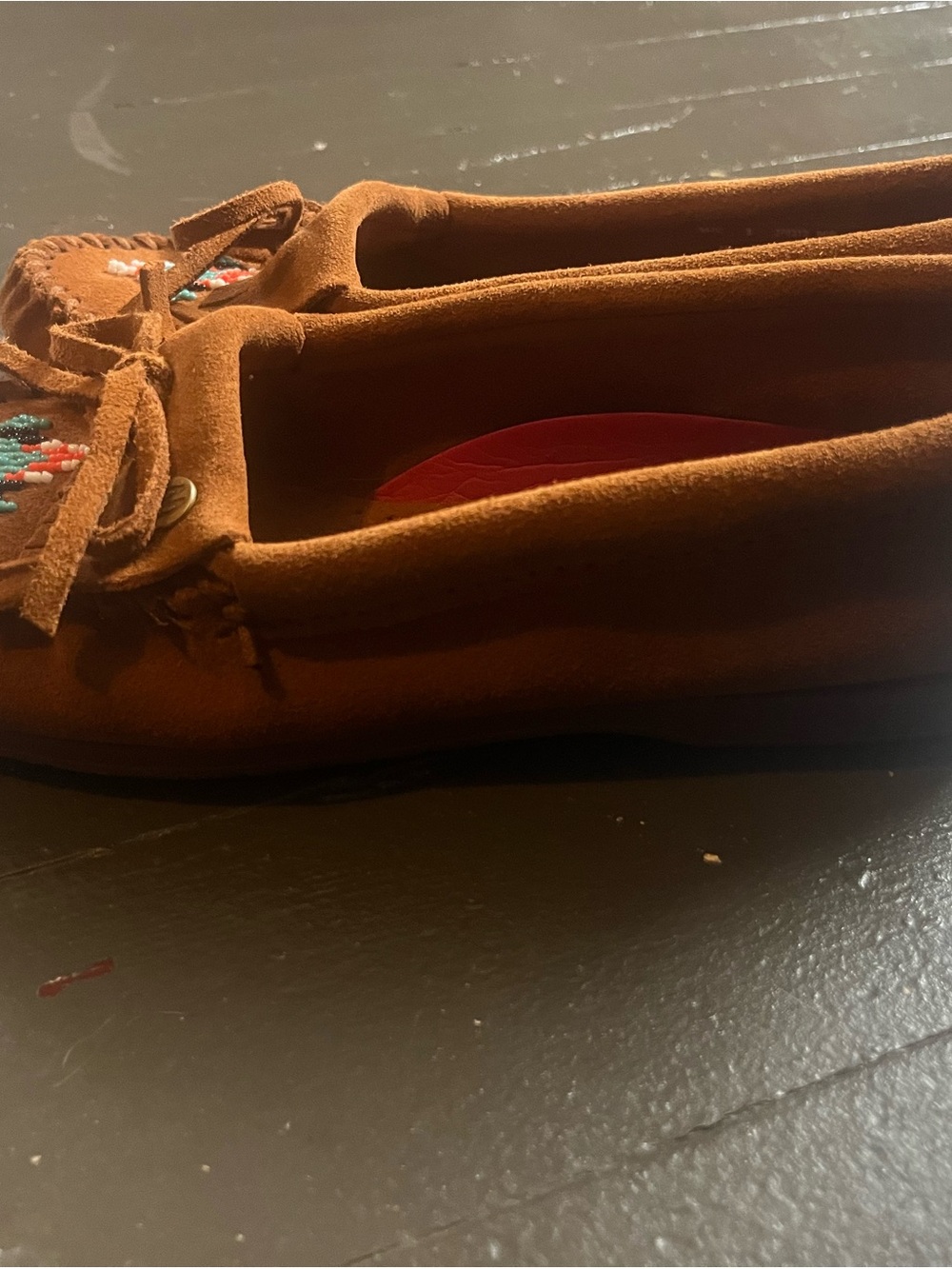 Minnetonka Brown Suede Moccasins with Turquoise & Coral Beadwork - Picture 4 of 9